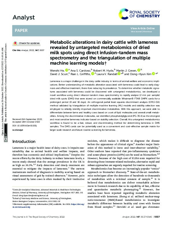 Metabolic alterations in dairy cattle with lameness revealed by untargeted metabolomics of dried milk spots using direct infusion-tandem mass spectrometry and the triangulation of multiple machine learning models Thumbnail