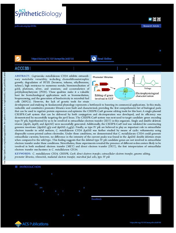 Synthetic Biology Toolbox, Including a Single-Plasmid CRISPR-Cas9 System to Biologically Engineer the Electrogenic, Metal-Resistant Bacterium Cupriavidus metallidurans CH34 Thumbnail