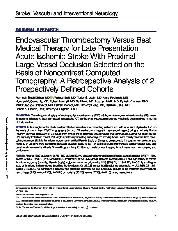 Endovascular Thrombectomy vs Best Medical Therapy for Late Presentation Acute Ischaemic Stroke with Proximal Large Vessel Occlusion Selected Based on Non-Contrast CT: A Retrospective Analysis of Two Prospectively Defined Cohorts Thumbnail