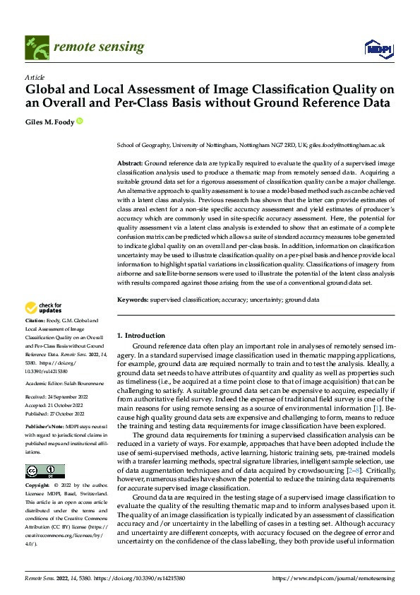 Global and Local Assessment of Image Classification Quality on an Overall and Per-Class Basis without Ground Reference Data Thumbnail