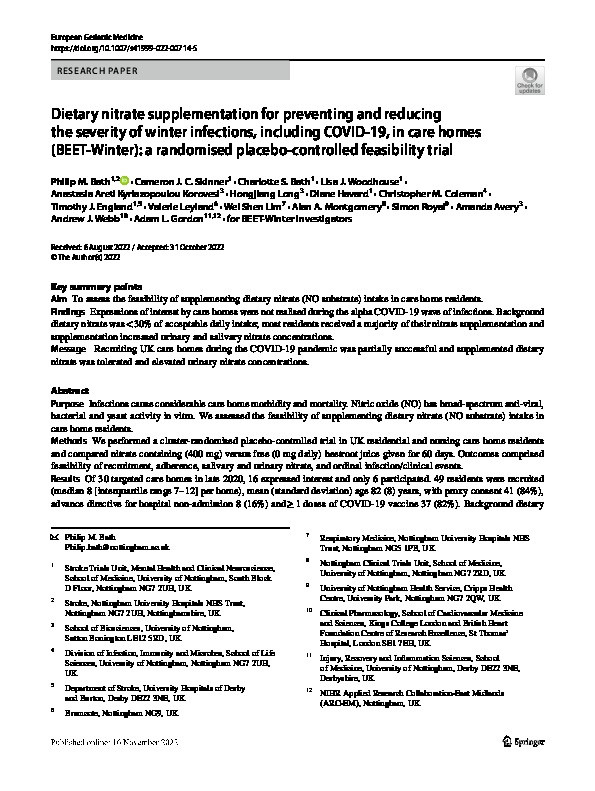 Dietary nitrate supplementation for preventing and reducing the severity of winter infections, including COVID-19, in care homes (BEET-Winter)-a randomised placebo-controlled feasibility trial Thumbnail