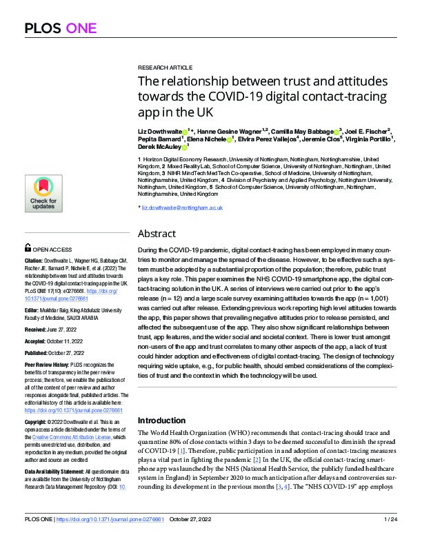 The relationship between trust and attitudes towards the COVID-19 digital contact-tracing app in the UK Thumbnail