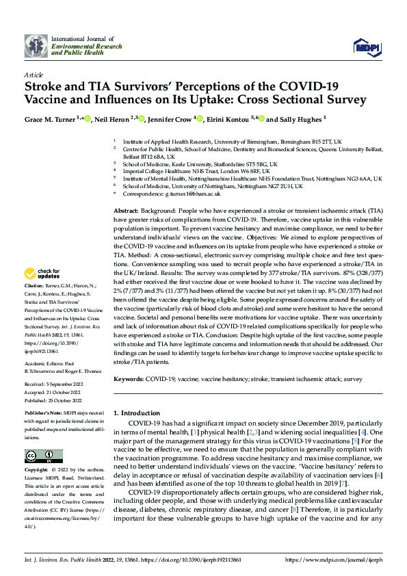 Stroke and TIA Survivors’ Perceptions of the COVID-19 Vaccine and Influences on Its Uptake: Cross Sectional Survey Thumbnail