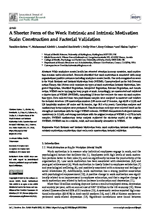 A Shorter Form of the Work Extrinsic and Intrinsic Motivation Scale: Construction and Factorial Validation Thumbnail