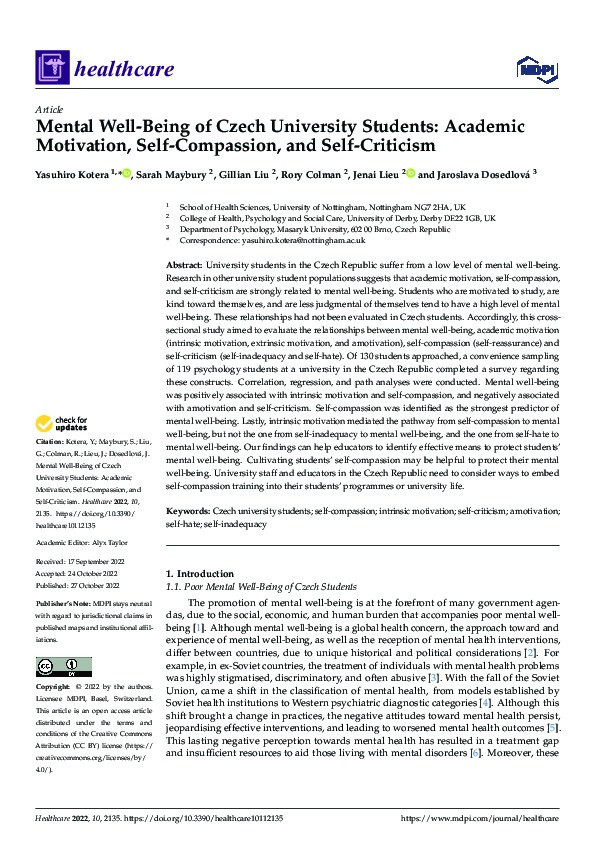 Mental Well-Being of Czech University Students: Academic Motivation, Self-Compassion, and Self-Criticism Thumbnail