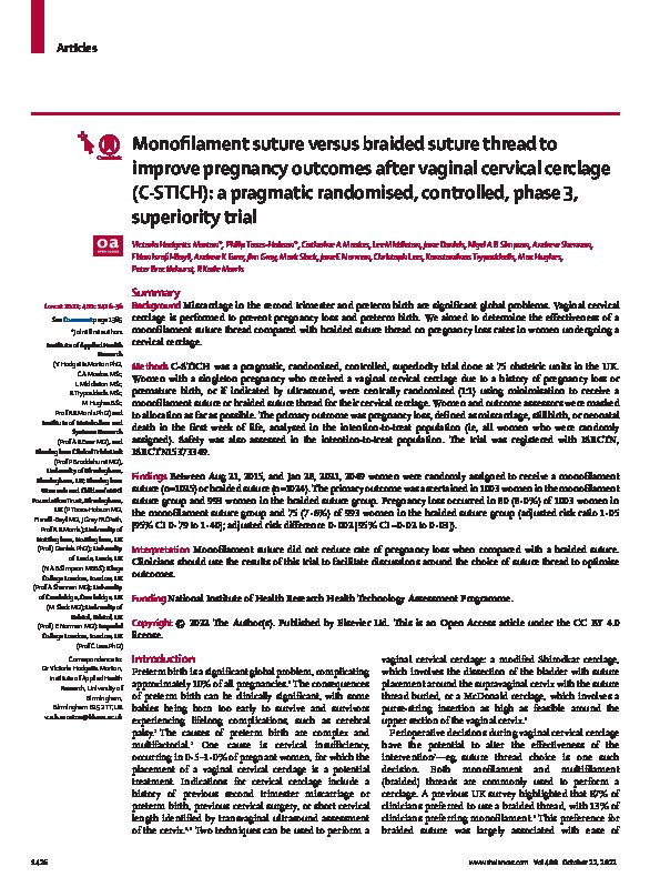 Monofilament suture versus braided suture thread to improve pregnancy outcomes after vaginal cervical cerclage (C-STICH): a pragmatic randomised, controlled, phase 3, superiority trial Thumbnail