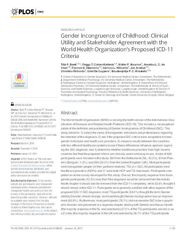 Gender Incongruence of Childhood: Clinical Utility and Stakeholder Agreement with the World Health Organization’s Proposed ICD-11 Criteria Thumbnail