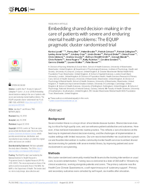 Embedding shared decision-making in the care of patients with severe and enduring mental health problems: The EQUIP pragmatic cluster randomised trial Thumbnail