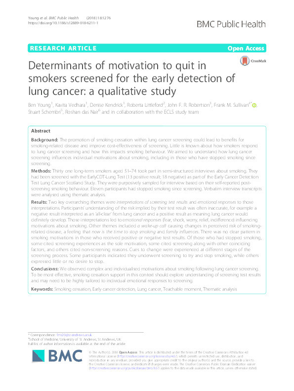 Determinants of motivation to quit in smokers screened for the early detection of lung cancer: a qualitative study Thumbnail