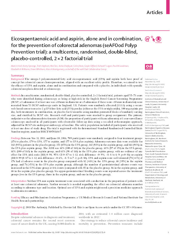 Eicosapentaenoic acid and aspirin, alone and in combination, for the prevention of colorectal adenomas (seAFOod Polyp Prevention trial): a multicentre, randomised, double-blind, placebo-controlled, 2 × 2 factorial trial Thumbnail