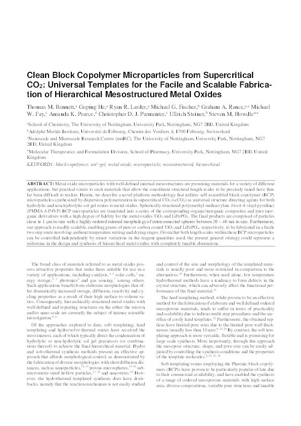 Clean Block Copolymer Microparticles from Supercritical CO 2 : Universal Templates for the Facile and Scalable Fabrication of Hierarchical Mesostructured Metal Oxides Thumbnail