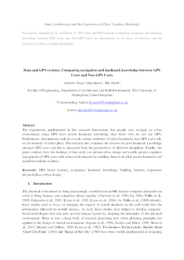 Data and GPS systems: comparing navigation and landmark knowledge between GPS users and non-GPS users Thumbnail