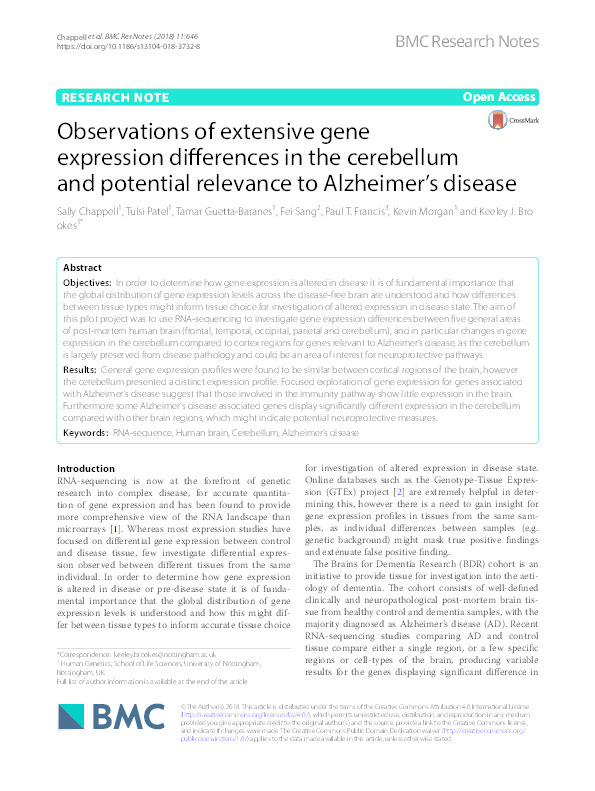 Observations of extensive gene expression differences in the cerebellum and potential relevance to Alzheimer’s disease Thumbnail