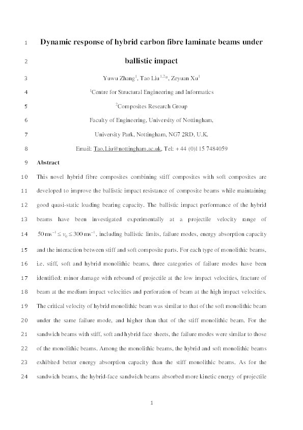 Dynamic response of hybrid carbon fibre laminate beams under ballistic impact Thumbnail