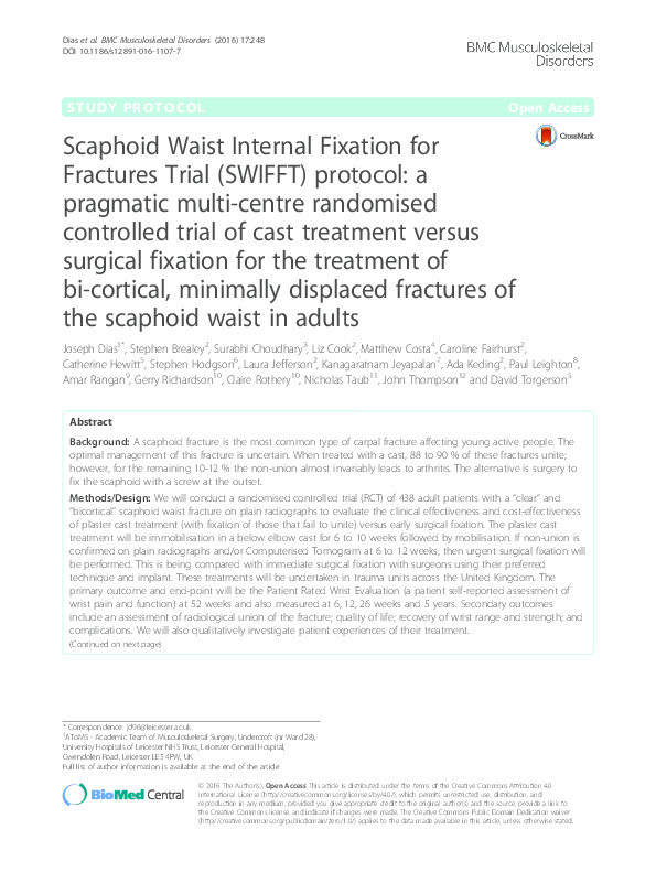 Scaphoid Waist Internal Fixation for Fractures Trial (SWIFFT) protocol: a pragmatic multi-centre randomised controlled trial of cast treatment versus surgical fixation for the treatment of bi-cortical, minimally displaced fractures of the scaphoid waist in adults Thumbnail