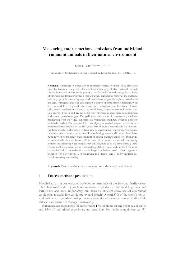 Measuring Enteric Methane Emissions from Individual Ruminant Animals in Their Natural Environment Thumbnail