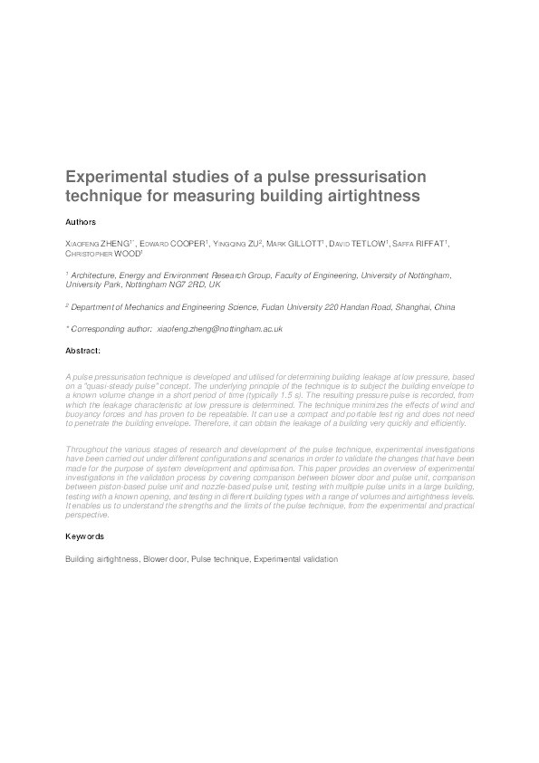 Experimental studies of a pulse pressurisation technique for measuring building airtightness Thumbnail