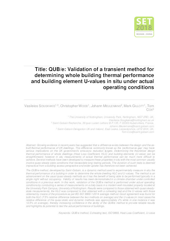 QUB/e: Validation of a transient method for determining whole building thermal performance and building element U-values in situ under actual operating conditions Thumbnail