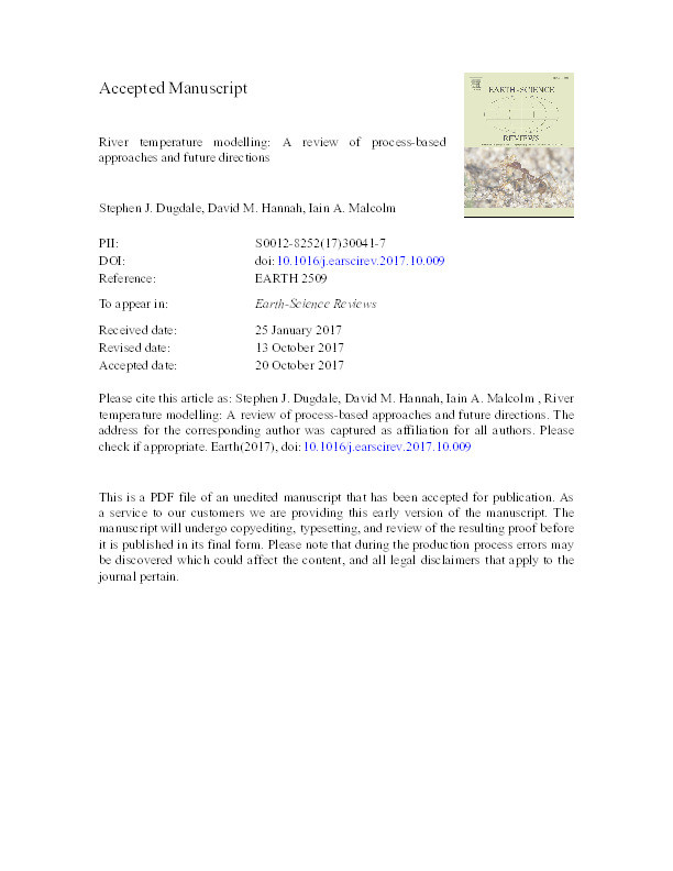 River temperature modelling: a review of process-based approaches and future directions Thumbnail