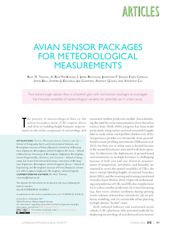 Avian sensor packages for meteorological measurements Thumbnail