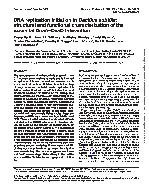 DNA replication initiation in Bacillus subtilis: Structural and functional characterization of the essential DnaA-DnaD interaction Thumbnail