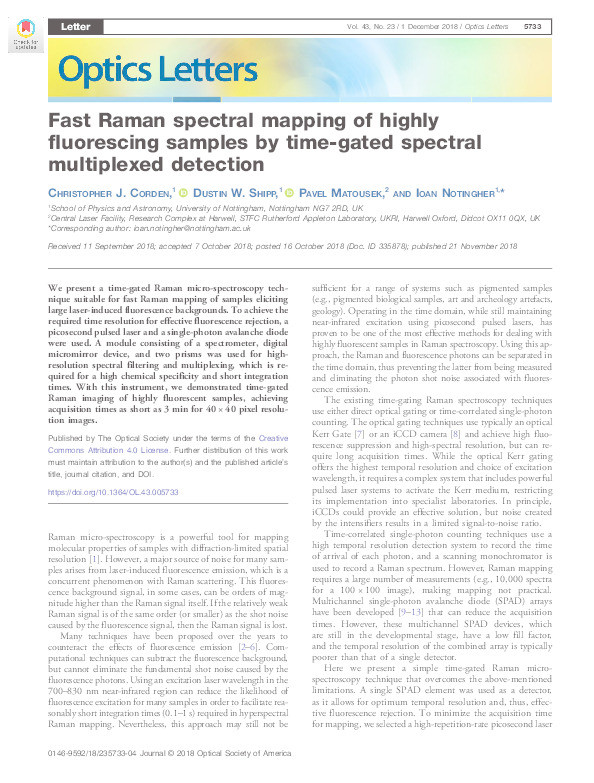 Fast Raman spectral mapping of highly fluorescing samples by time-gated spectral multiplexed detection Thumbnail