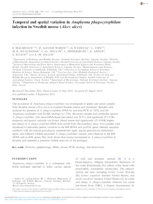 Temporal and spatial variation in Anaplasma phagocytophilum infection in Swedish moose (Alces alces) Thumbnail