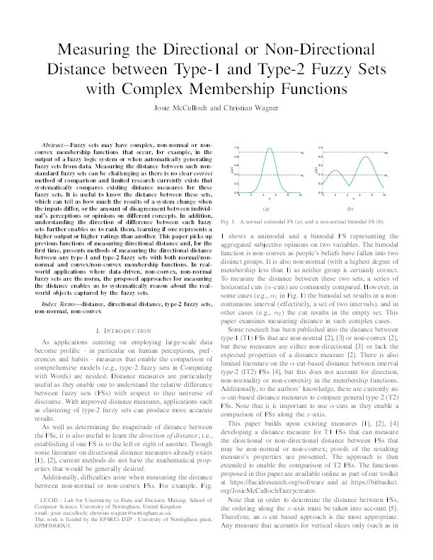 Measuring the directional or non-directional distance between type-1 and type-2 fuzzy sets with complex membership functions Thumbnail