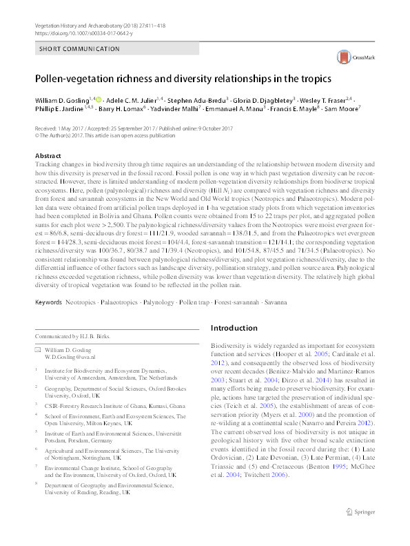 Pollen-vegetation richness and diversity relationships in the tropics Thumbnail