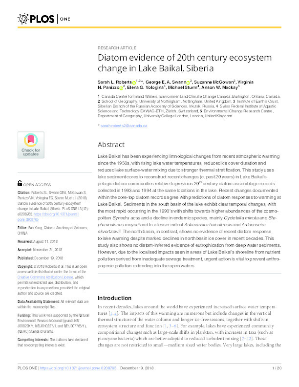 Diatom evidence of 20th century ecosystem change in Lake Baikal, Siberia Thumbnail
