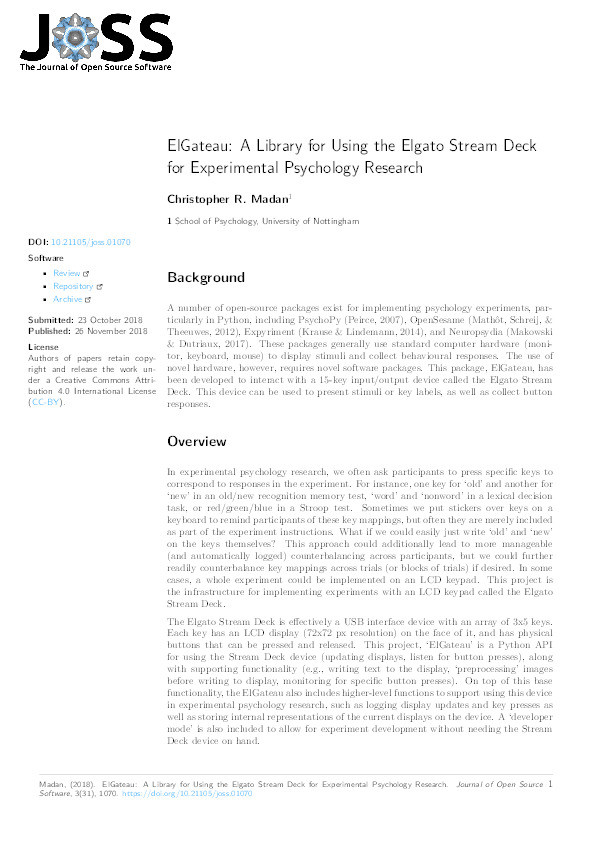 ElGateau: A Library for Using the Elgato Stream Deck for Experimental Psychology Research Thumbnail