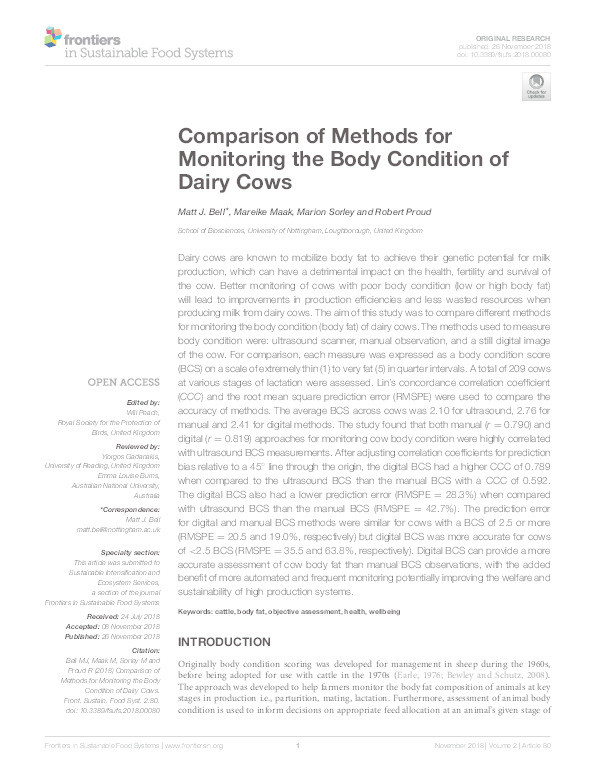 Comparison of methods for monitoring the body condition of dairy cows Thumbnail