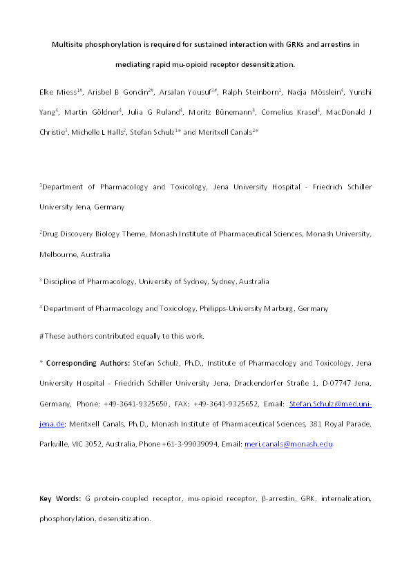 Multisite phosphorylation is required for sustained interaction with GRKs and arrestins during rapid -opioid receptor desensitization Thumbnail