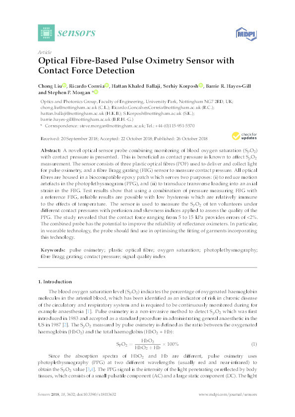 Optical Fibre-Based Pulse Oximetry Sensor with Contact Force Detection Thumbnail