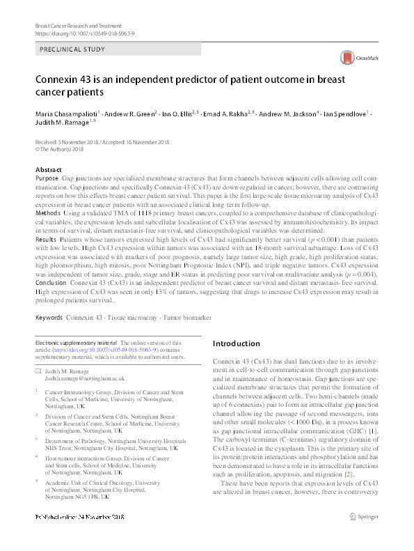 Connexin 43 is an independent predictor of patient outcome in breast cancer patients Thumbnail