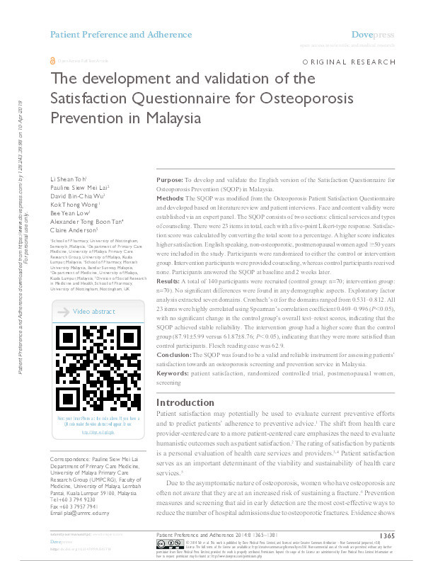 The development and validation of the Satisfaction Questionnaire for Osteoporosis Prevention in Malaysia Thumbnail