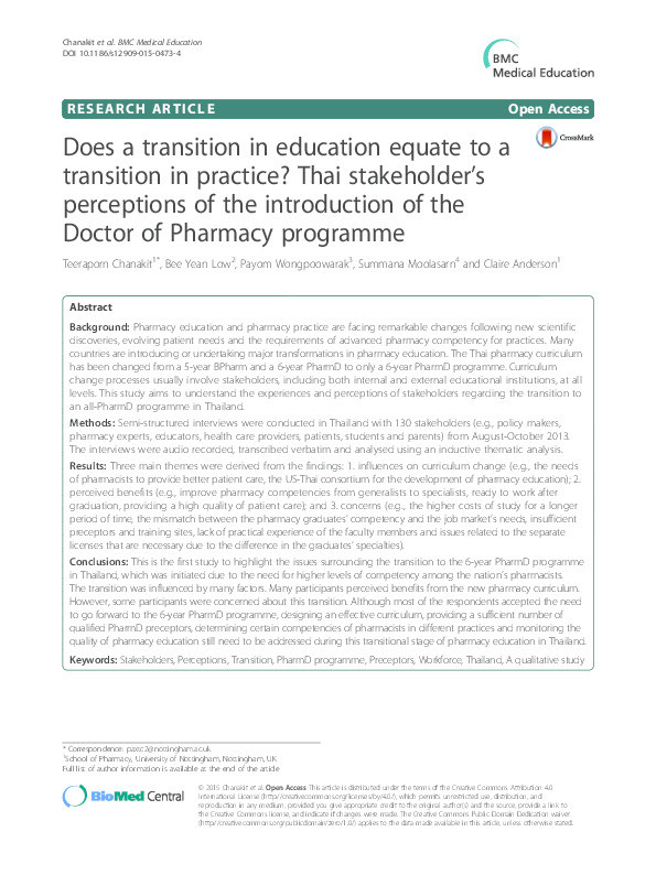 Does a transition in education equate to a transition in practice?: Thai stakeholder’s perceptions of the introduction of the Doctor of Pharmacy programme Thumbnail