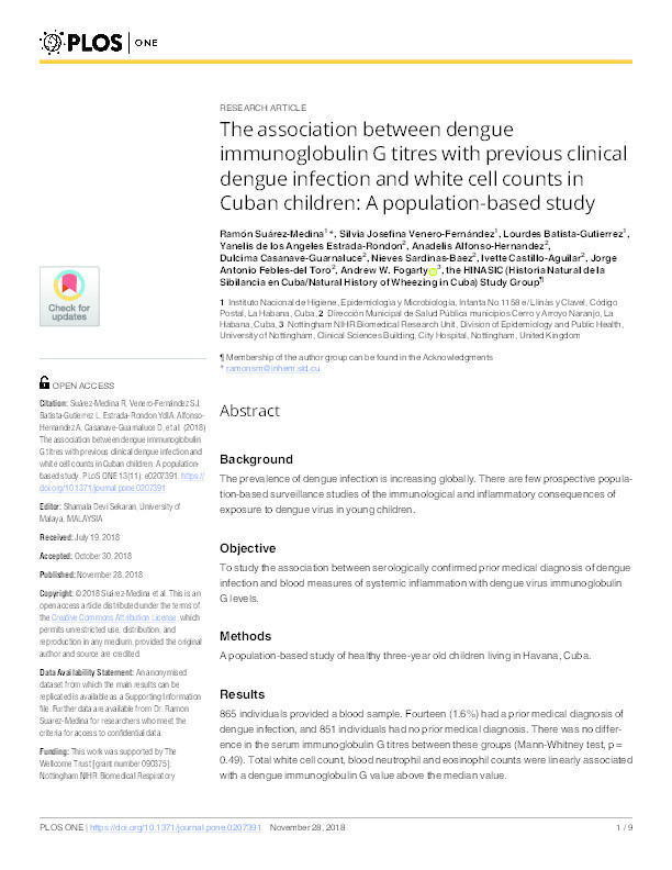 The association between dengue immunoglobulin G titres with previous clinical dengue infection and white cell counts in Cuban children: a population-based study Thumbnail