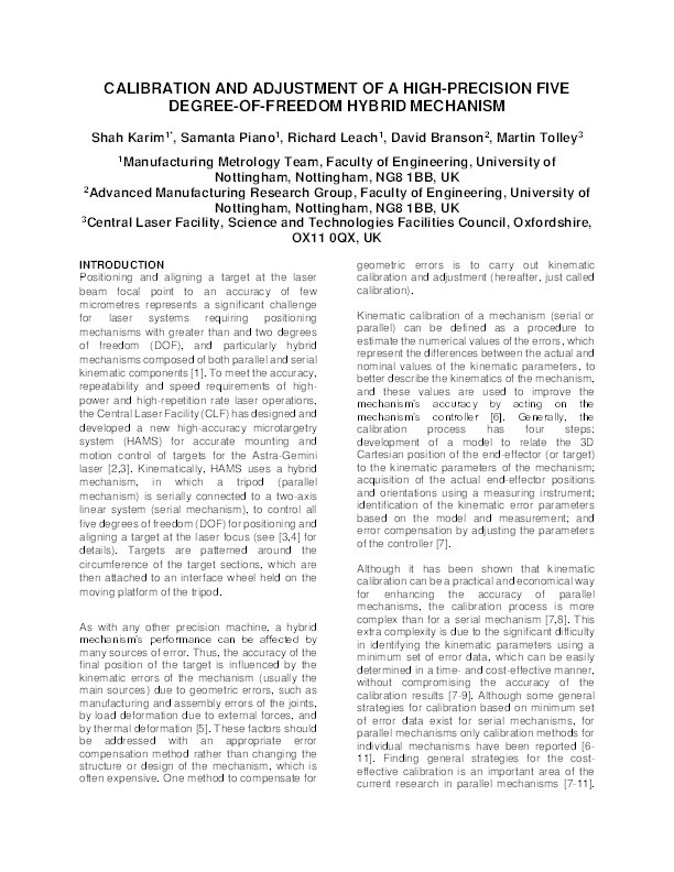 Calibration and adjustment of a high-precision five degree of freedom hybrid mechanism Thumbnail