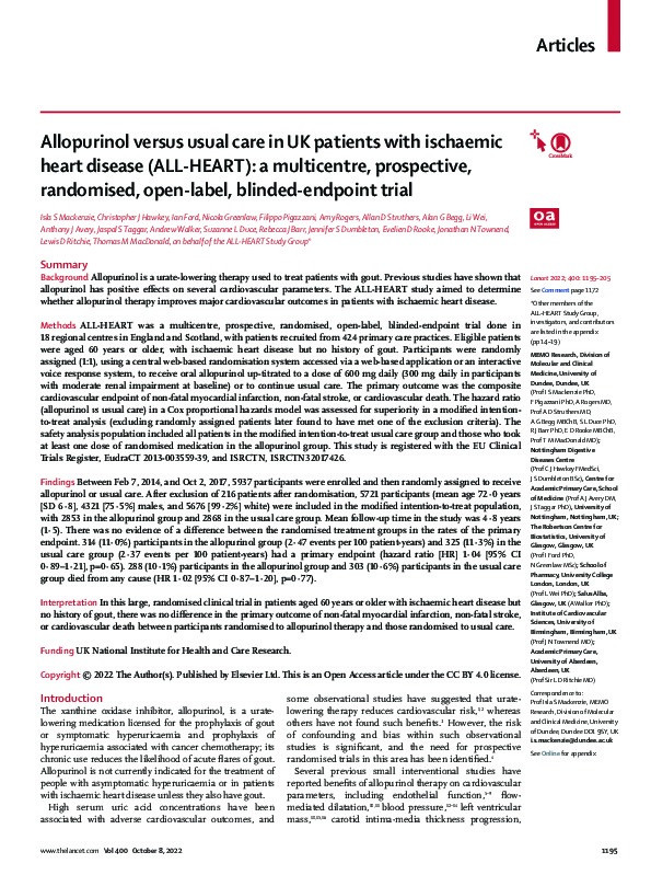 Allopurinol versus usual care in UK patients with ischaemic heart disease (ALL-HEART): a multicentre, prospective, randomised, open-label, blinded-endpoint trial Thumbnail