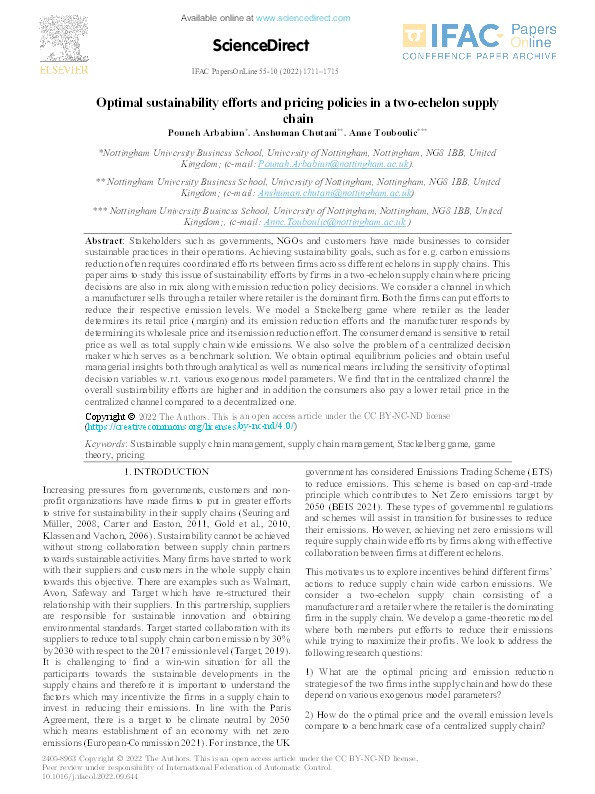 Optimal sustainability efforts and pricing policies in a two-echelon supply chain Thumbnail