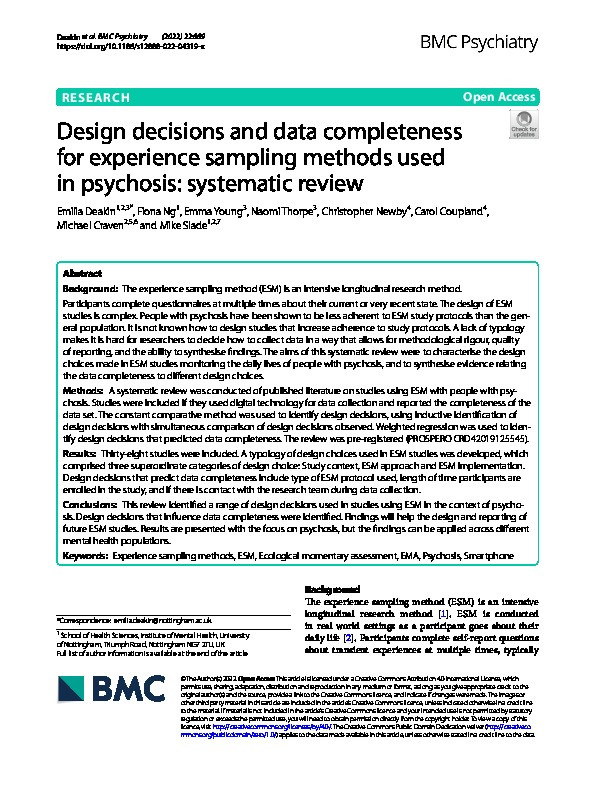 Design decisions and data completeness for experience sampling methods used in psychosis: systematic review Thumbnail
