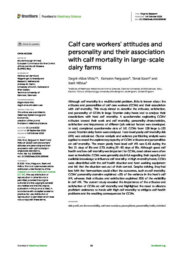 Calf care workers' attitudes and personality and their association with calf mortality in large-scale dairy farms Thumbnail