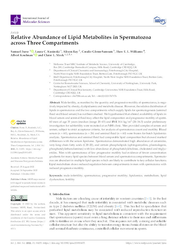 Relative Abundance of Lipid Metabolites in Spermatozoa across Three Compartments Thumbnail