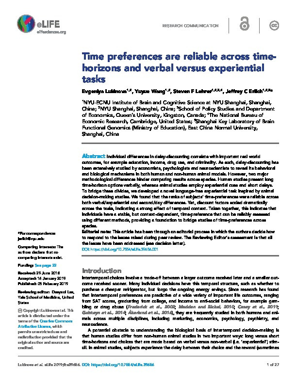 Time preferences are reliable across time- horizons and verbal versus experiential tasks Thumbnail