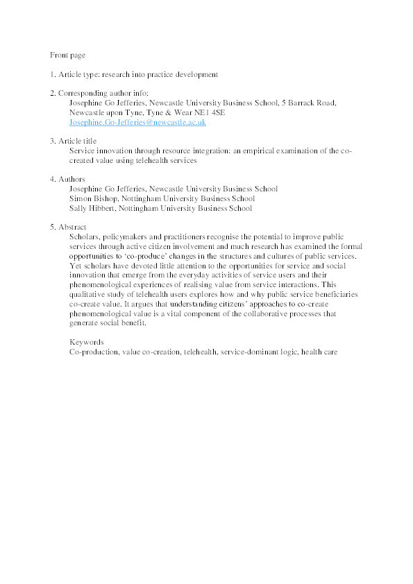 Service innovation through resource integration: An empirical examination of co-created value using telehealth services Thumbnail