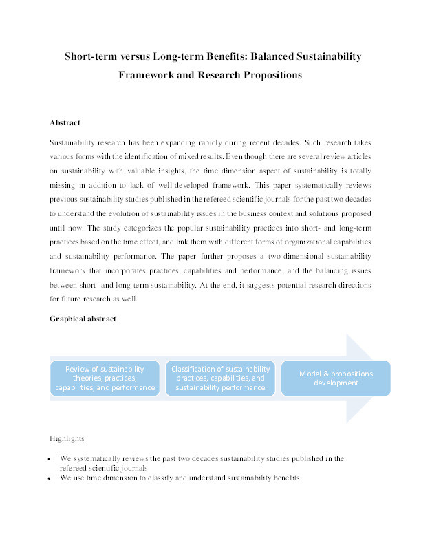 Short-term versus long-term benefits: balanced sustainability framework and research propositions Thumbnail