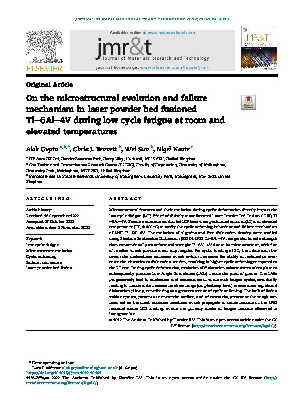 On the Microstructural Evolution and Failure Mechanism in Laser Powder Bed Fusioned Ti-6Al-4V during Low Cycle Fatigue at Room and Elevated Temperatures Thumbnail
