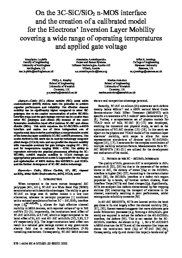 On the 3C-SiC/SiO 2 n-MOS interface and the creation of a calibrated model for the Electrons' Inversion Layer Mobility covering a wide range of operating temperatures and applied gate voltage Thumbnail