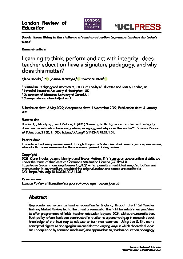 Learning to think, perform and act with integrity: does teacher education have a signature pedagogy, and why does this matter? Thumbnail